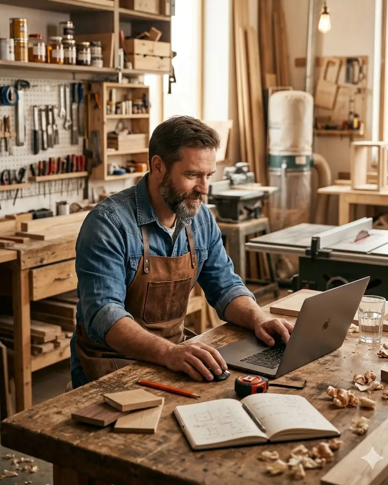 Artisan consultant son site vitrine sur une tablette dans son atelier
