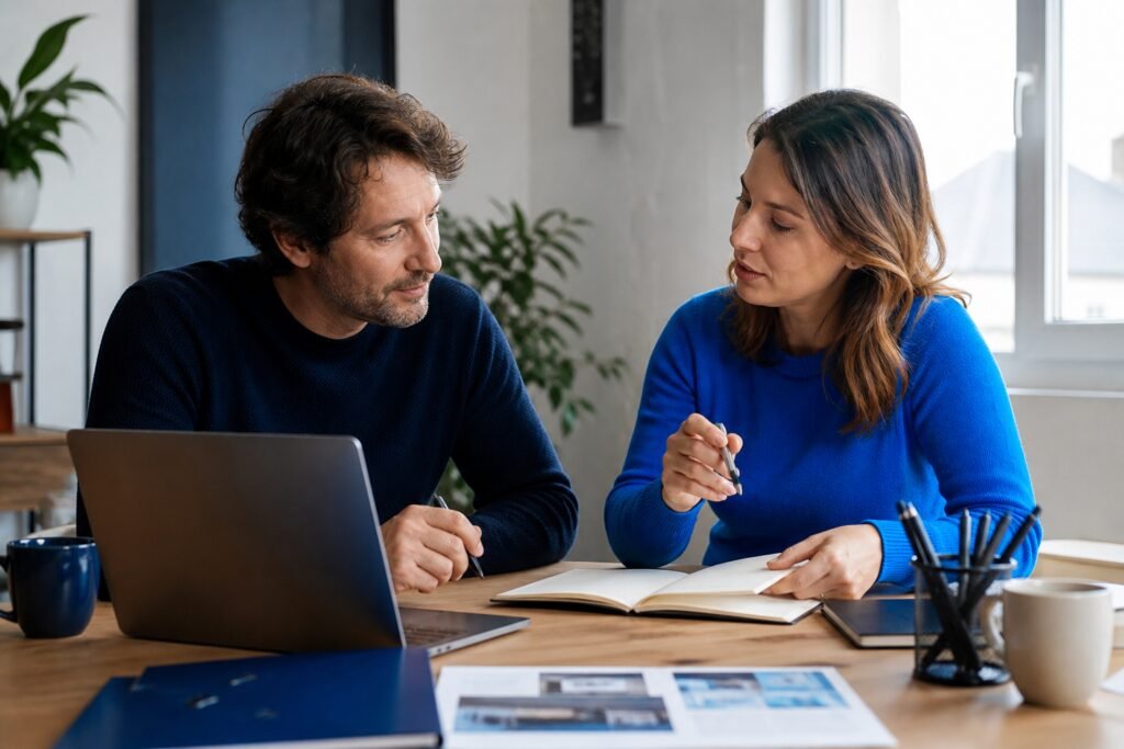 Entrepreneur et stratège éditorial cadrant un calendrier de contenus