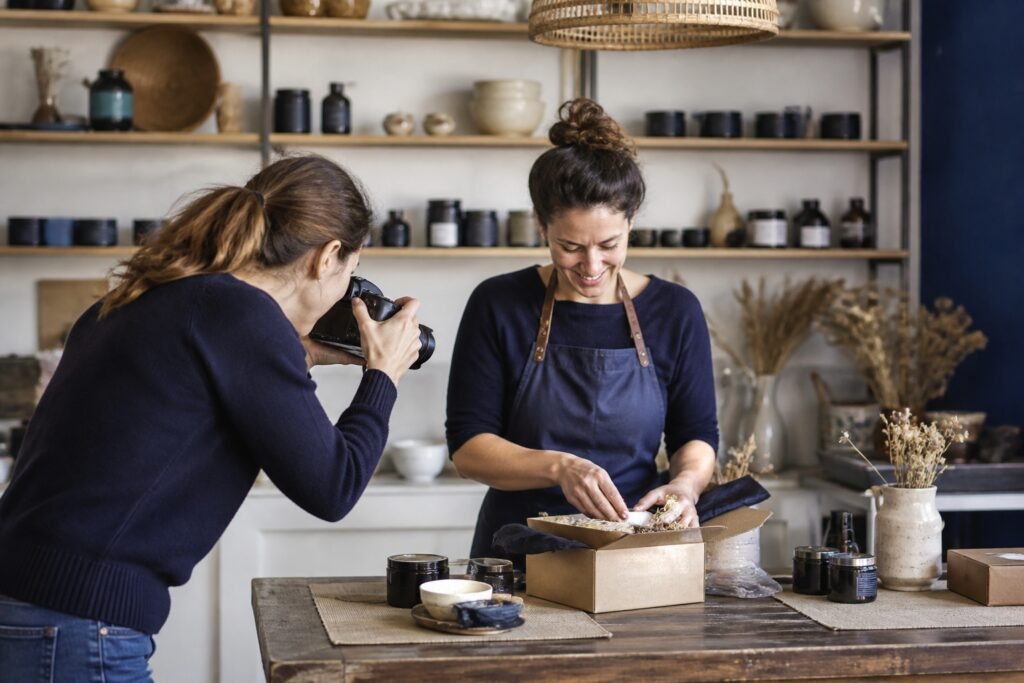 Artisane préparant une commande pendant la création de contenu