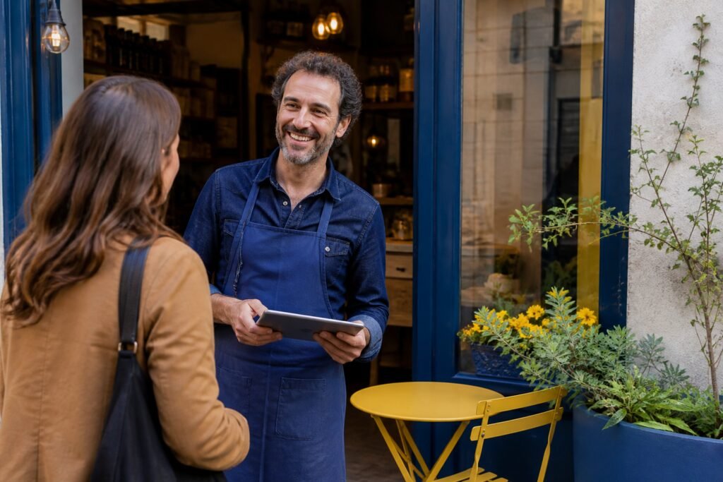 Commerçant créant sa fiche Google sur tablette avec un spécialiste