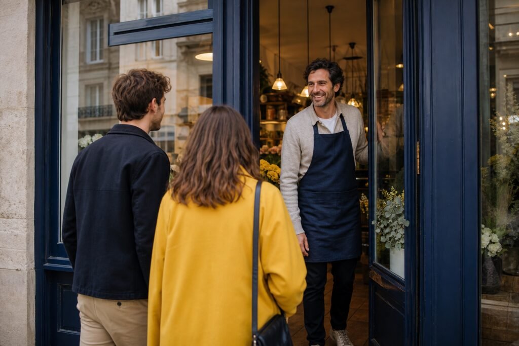 Commerçant accueillant deux clients devant son établissement