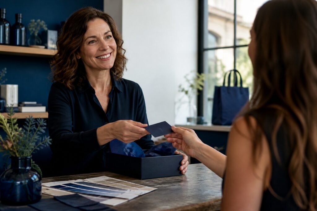 Commerçante remettant une carte de visite à une cliente