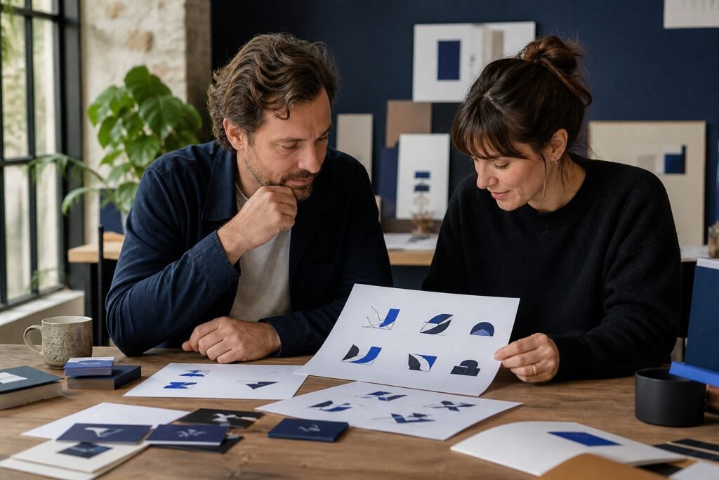 Entrepreneur et designer examinant des concepts de logo imprimés