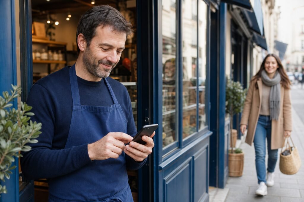 Commerçant local consultant son téléphone devant sa boutique