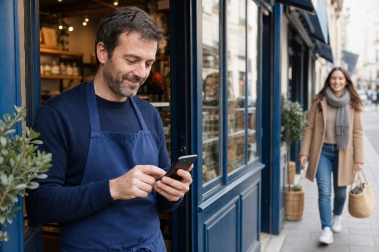 Commerçant local consultant son téléphone devant sa boutique