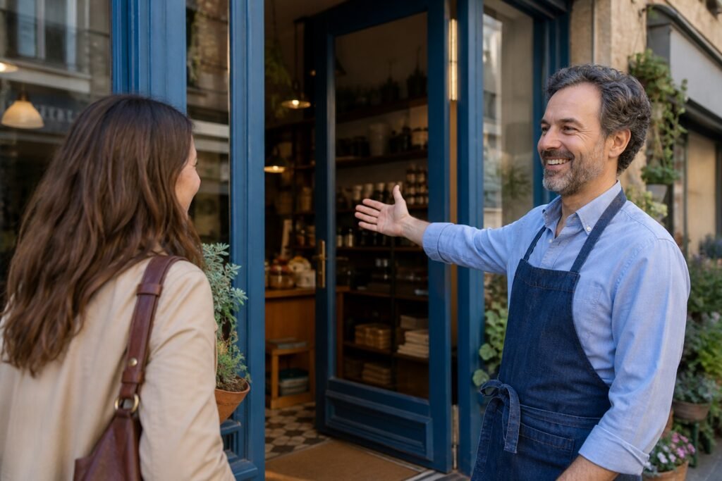 Commerçant présentant sa boutique à une cliente