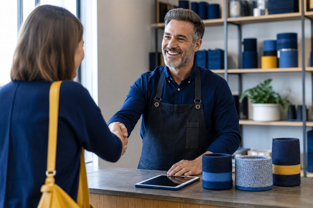 Artisan accueillant une cliente dans son atelier
