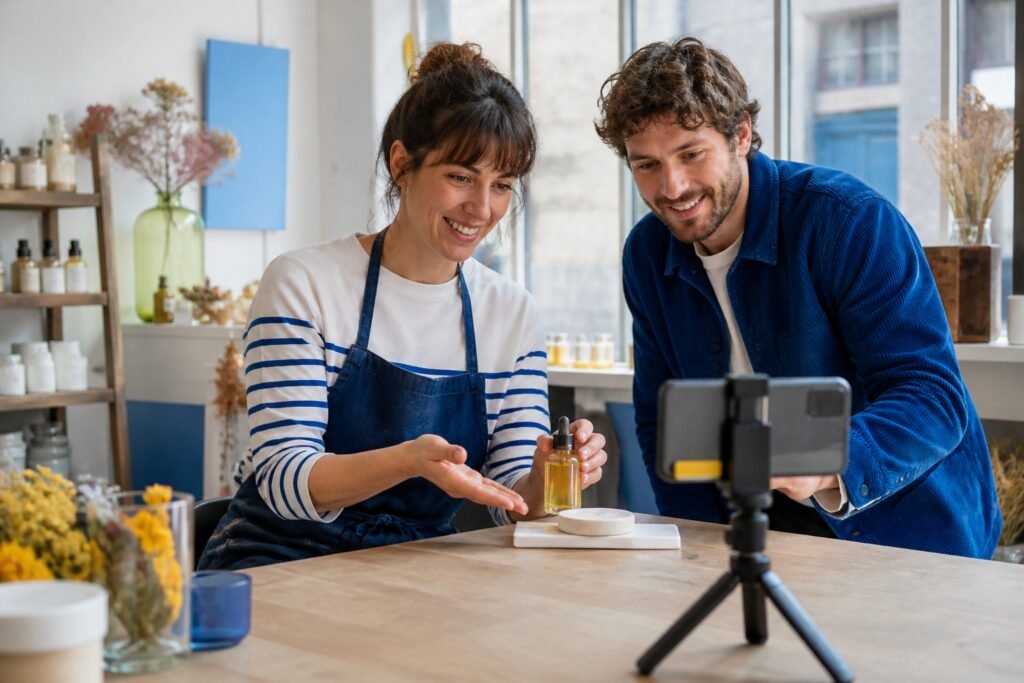 Deux entrepreneurs produisant une vidéo produit avec un smartphone