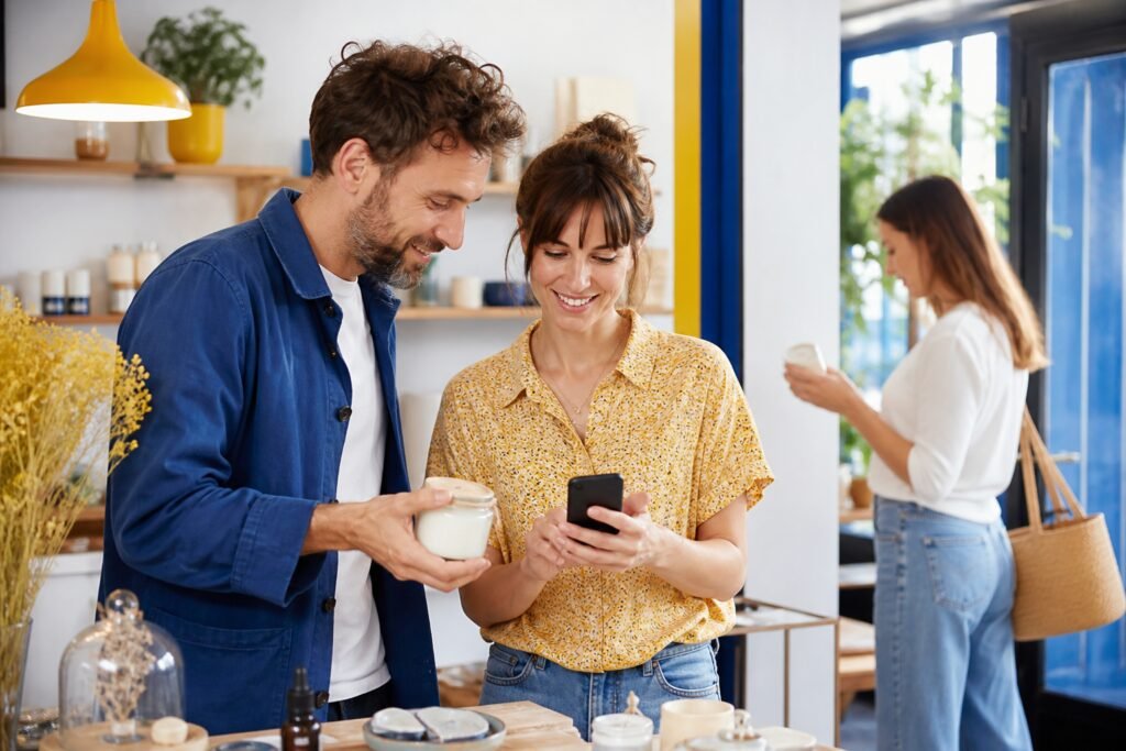 Entrepreneurs présentant un produit à une nouvelle cliente