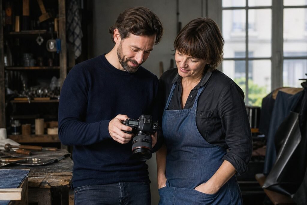 Artisan et photographe regardant ensemble une image réalisée dans l'atelier
