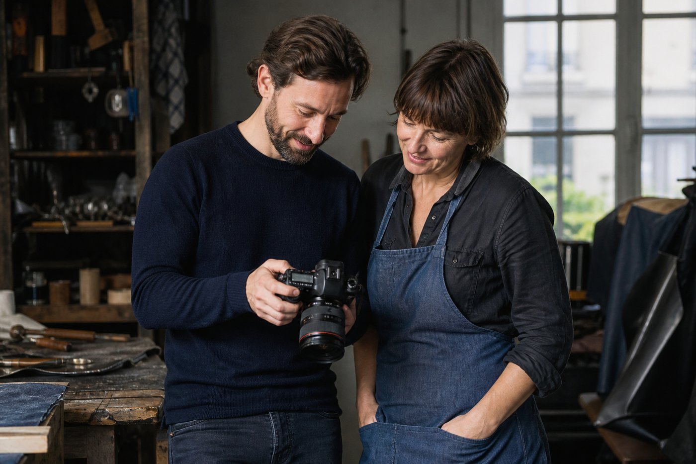 Artisan et photographe regardant ensemble une image réalisée dans l'atelier