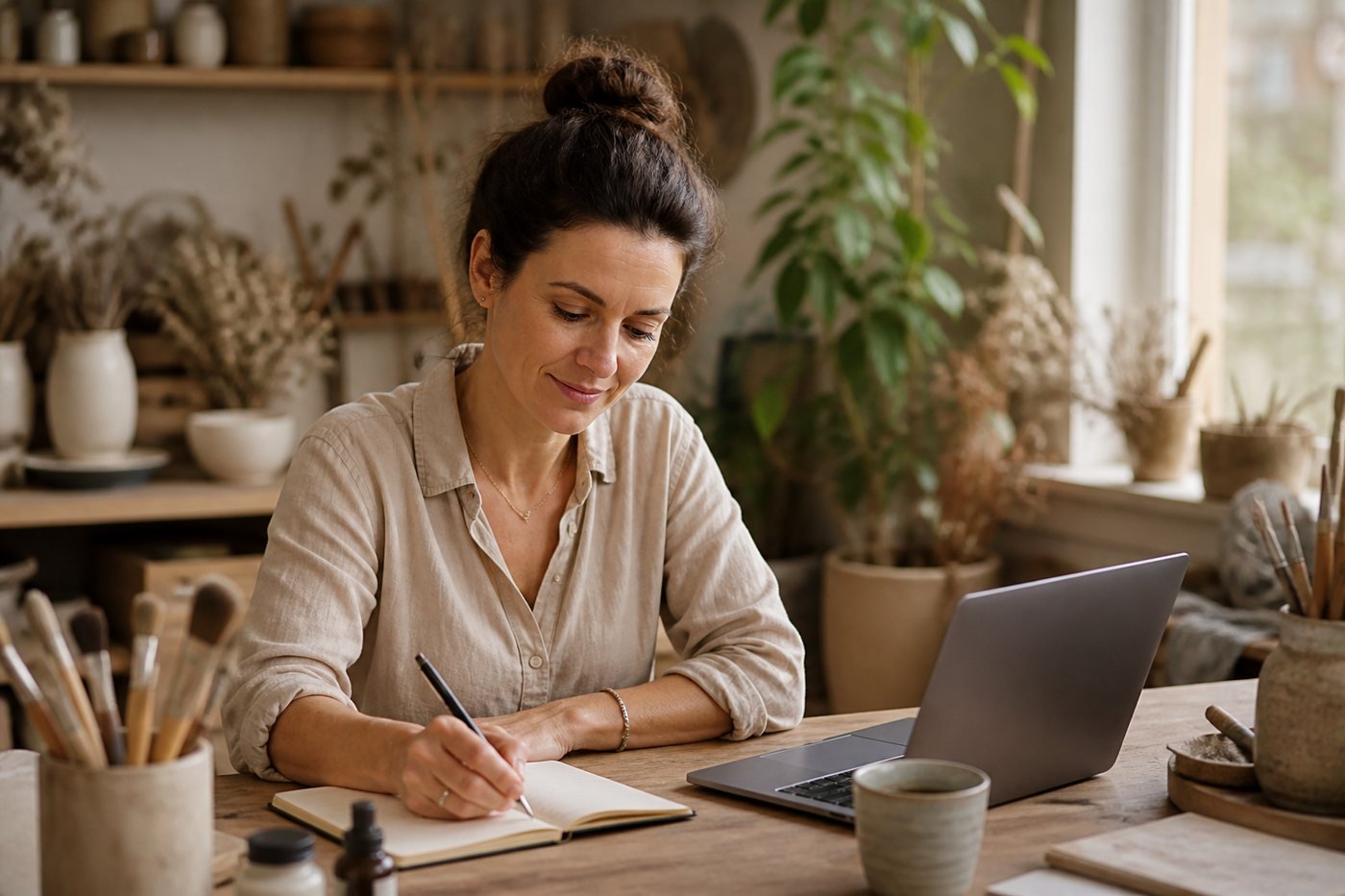 Auto-entrepreneuse travaillant depuis son atelier avec un ordinateur portable