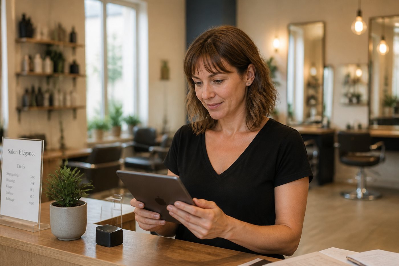 Coiffeuse consultant les rendez-vous sur une tablette dans son salon