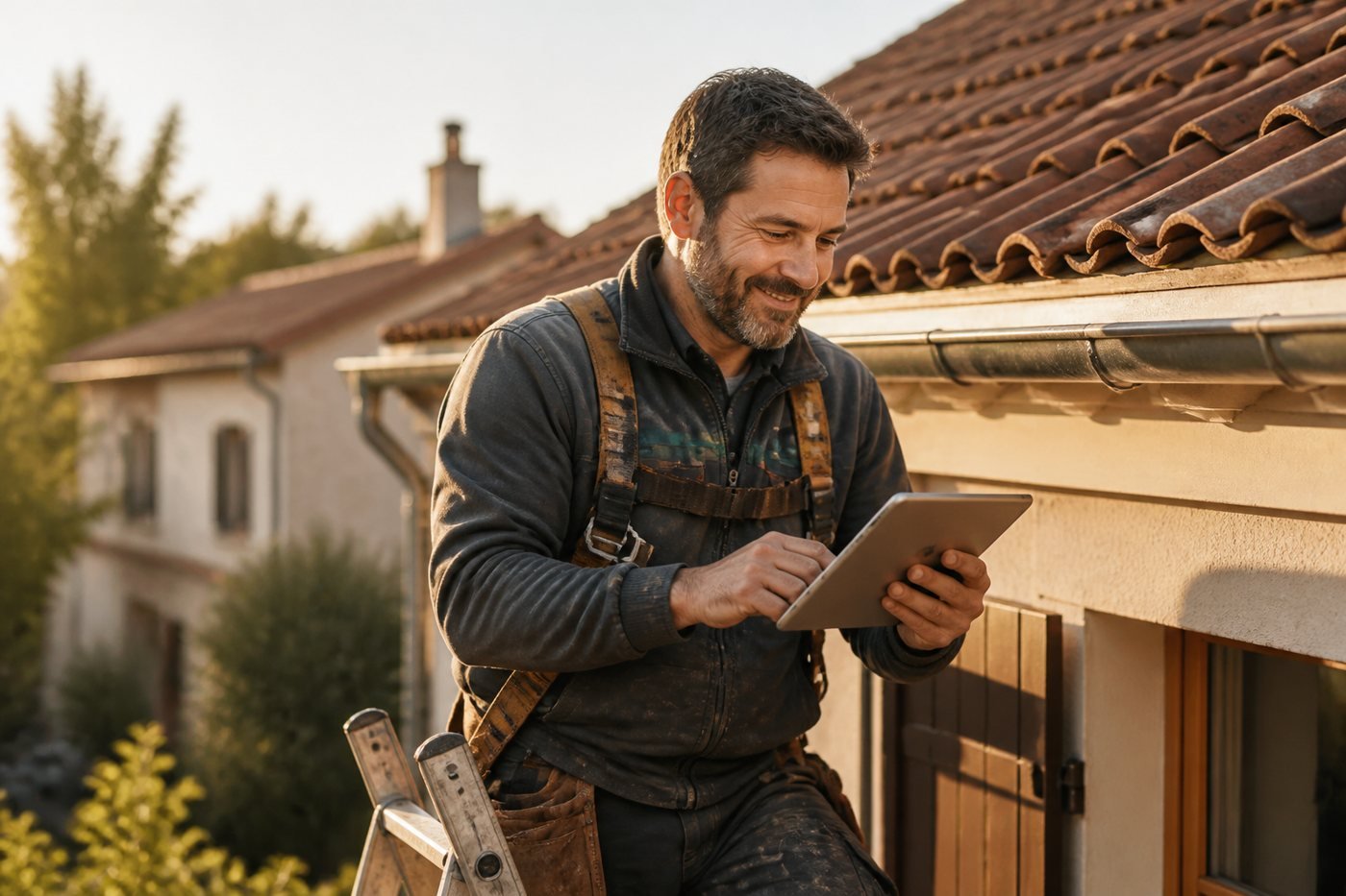 Couvreur sur une toiture consultant une tablette