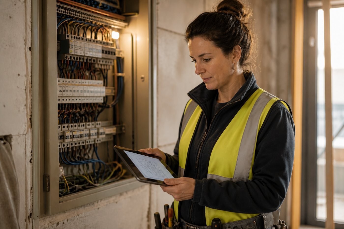 Électricienne vérifiant un tableau électrique avec une tablette