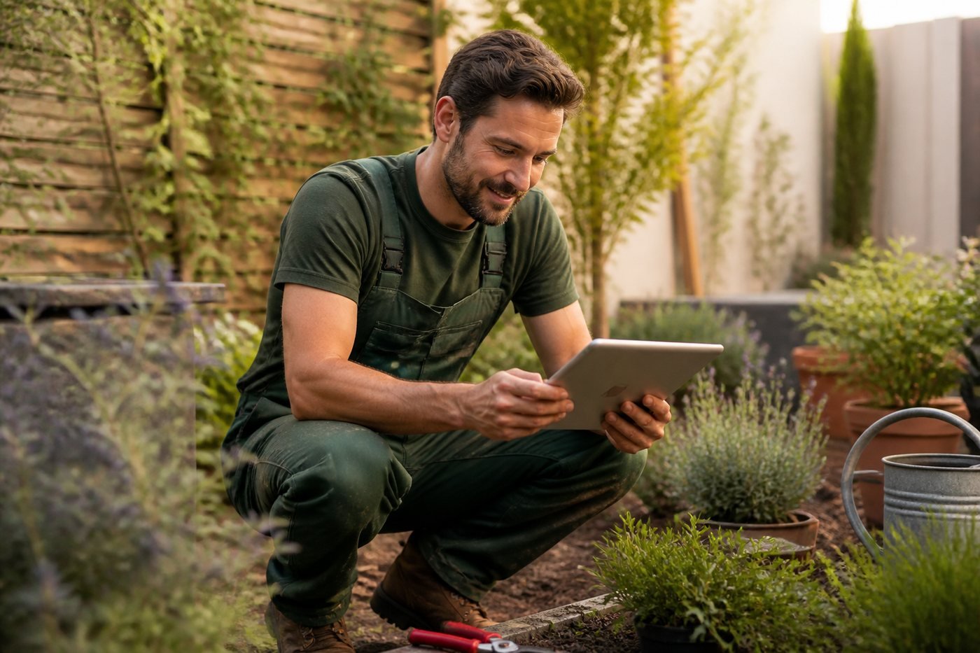 Paysagiste consultant un plan de jardin sur une tablette