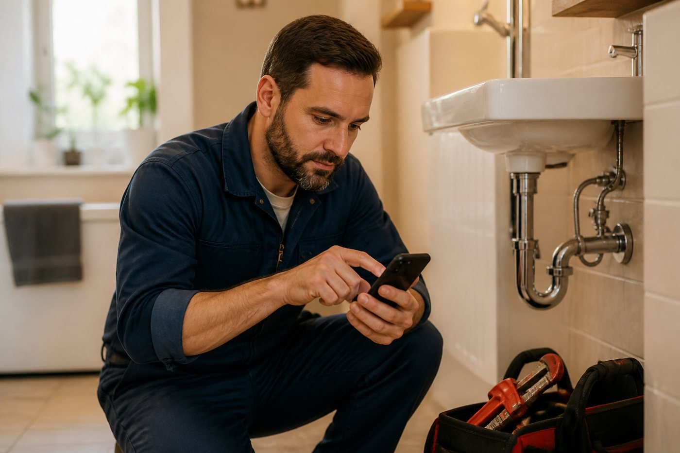 Plombier consultant un bon d'intervention sur son smartphone