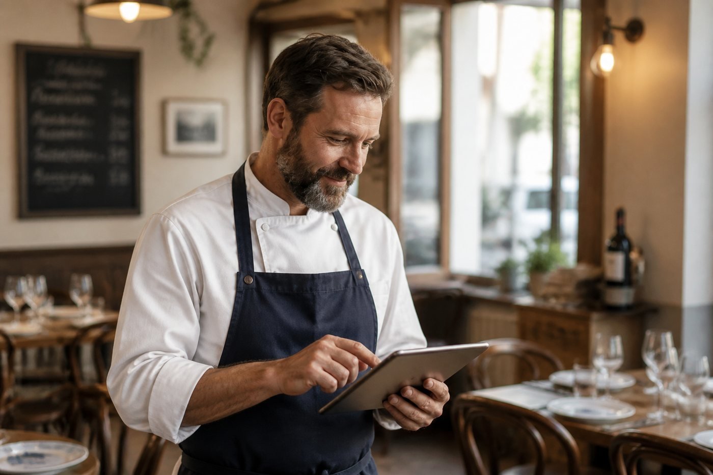 Restaurateur consultant les réservations sur une tablette