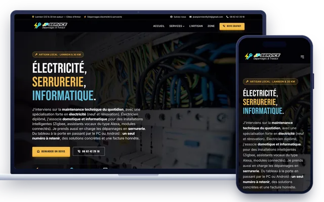 Site internet de JP Services 22, électricien et serrurier à Lannion, affiché sur ordinateur et sur mobile