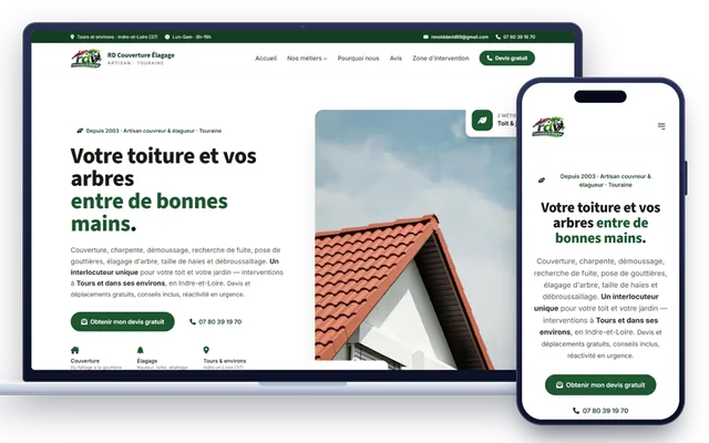 Site internet de RD Couverture Élagage, couvreur et élagueur près de Tours, affiché sur ordinateur et sur mobile