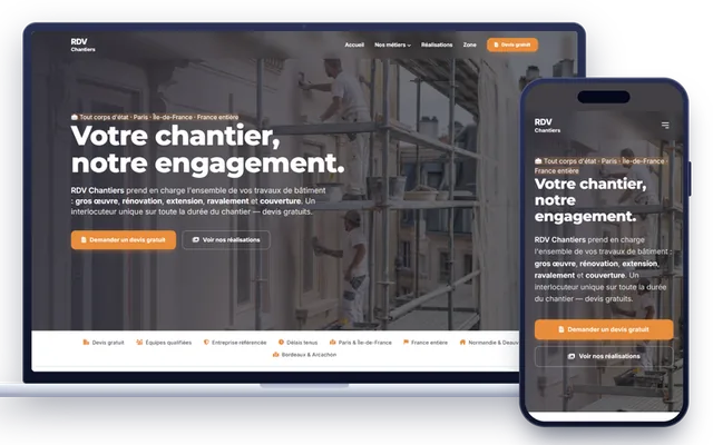Site internet de RDV Chantiers, entreprise du bâtiment tous corps d’état en Île-de-France, affiché sur ordinateur et sur mobile